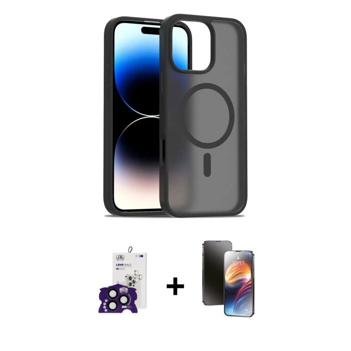 MARSİLYAN™- iPhone 16 Pro Max Kılıf Siluet Minimal Prime - Siyah 3D Antistatik Mat Seramik Nano Ekran Koruyucu + Bilvis Titan Kamera Lens - SH