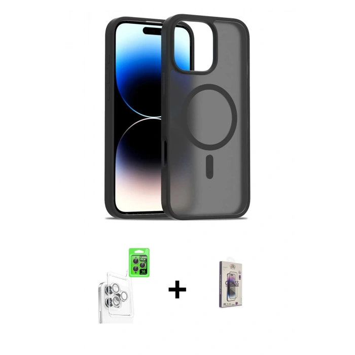 MARSİLYAN™- iPhone 16 Pro Max Kılıf Siluet Minimal Prime - Siyah Bilvis 3D Cam Ekran Koruyucu + Raze Metal Kamera Lens - BZ