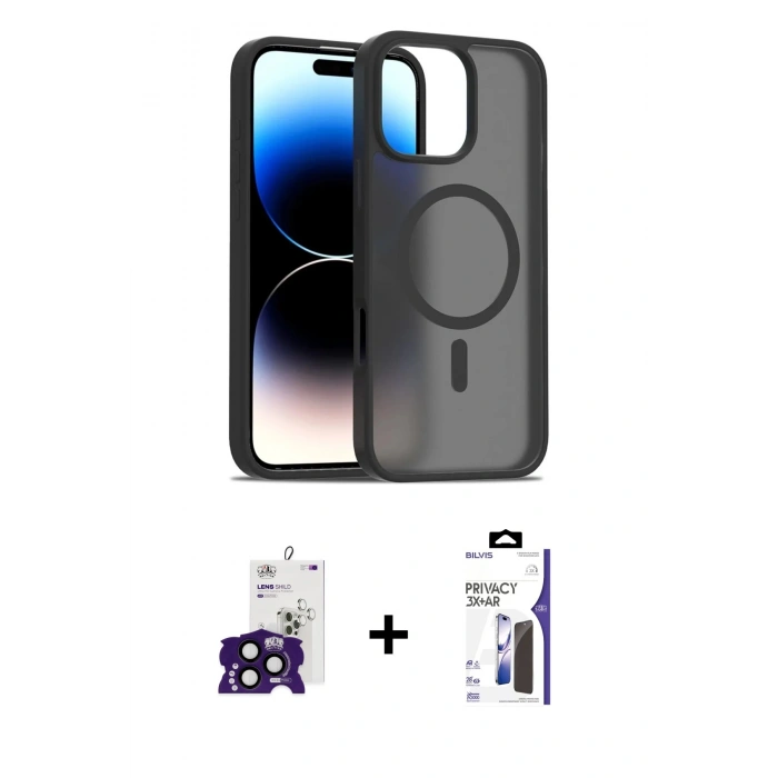 MARSİLYAN™- iPhone 16 Pro Max Kılıf Siluet Minimal Prime - Siyah Bilvis 3X AR Hayalet Cam Ekran Koruyucu + Bilvis Titan Kamera Lens - SH
