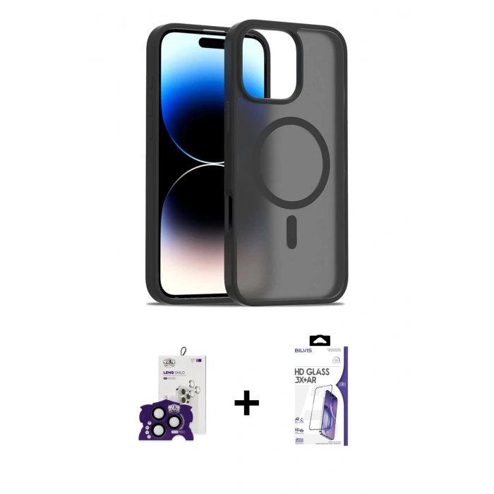 MARSİLYAN™- iPhone 16 Pro Max Kılıf Siluet Minimal Prime - Siyah Bilvis 3X AR HD Cam Ekran Koruyucu + Bilvis Titan Kamera Lens - SH