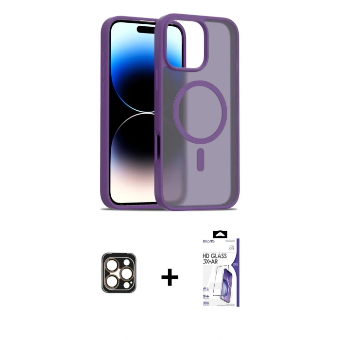 MARSİLYAN™- iPhone 16 Pro Max Kılıf Siluet Minimal Prime - Siyah Bilvis 3X AR HD Cam Ekran Koruyucu + PVD Metal Kamera Lens - GD