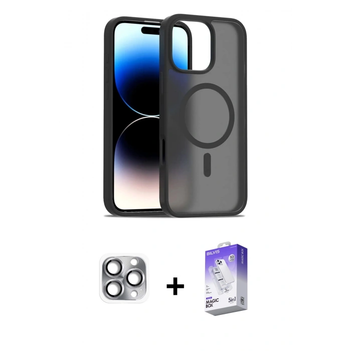 MARSİLYAN™- iPhone 16 Pro Max Kılıf Siluet Minimal Prime - Siyah Bilvis 5in1 3D Magic Cam Ekran Koruyucu + Pers Alüminyum Kamera Lens - GI
