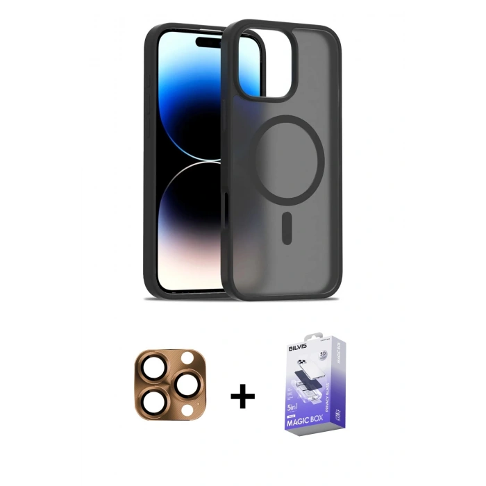 MARSİLYAN™- iPhone 16 Pro Max Kılıf Siluet Minimal Prime - Siyah Bilvis 5in1 5D Magic Hayalet Cam Ekran Koruyucu + Pers Alüminyum Kamera Lens - CLTM