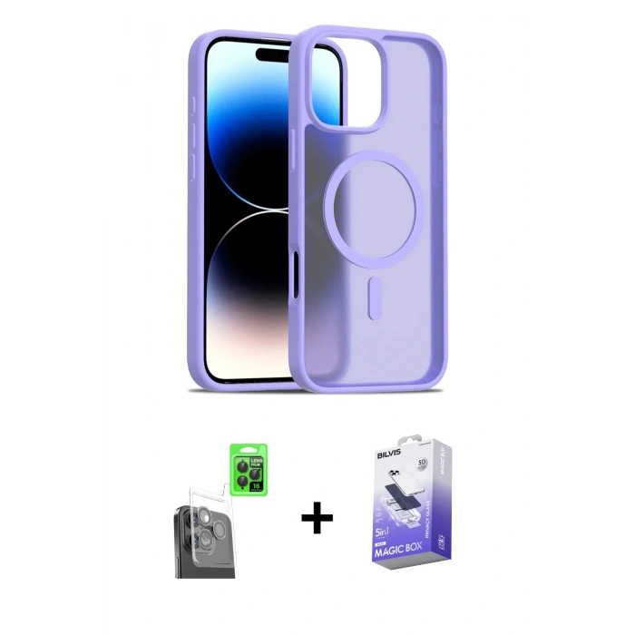 MARSİLYAN™- iPhone 16 Pro Max Kılıf Siluet Minimal Prime - Siyah Bilvis 5in1 5D Magic Hayalet Cam Ekran Koruyucu + Siyah Raze Metal Kamera Lens