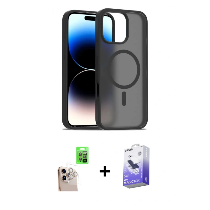 MARSİLYAN™- iPhone 16 Pro Max Kılıf Siluet Minimal Prime - Siyah Bilvis 5in1 5D Magic Hayalet Cam Ekran Koruyucu + Raze Metal Kamera Lens - NLGY