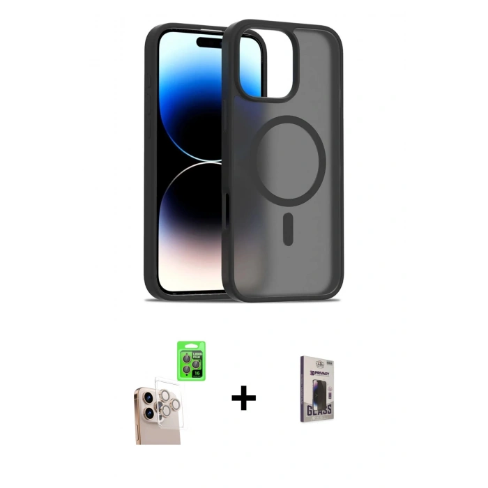 MARSİLYAN™- iPhone 16 Pro Max Kılıf Siluet Minimal Prime - Siyah Bilvis Hayalet Cam Ekran Koruyucu + Raze Metal Kamera Lens - NLGY