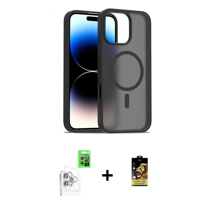 MARSİLYAN™- iPhone 16 Pro Max Kılıf Siluet Minimal Prime - Siyah Buffer Cam Ekran Koruyucu + Beyaz Raze Metal Kamera Lens