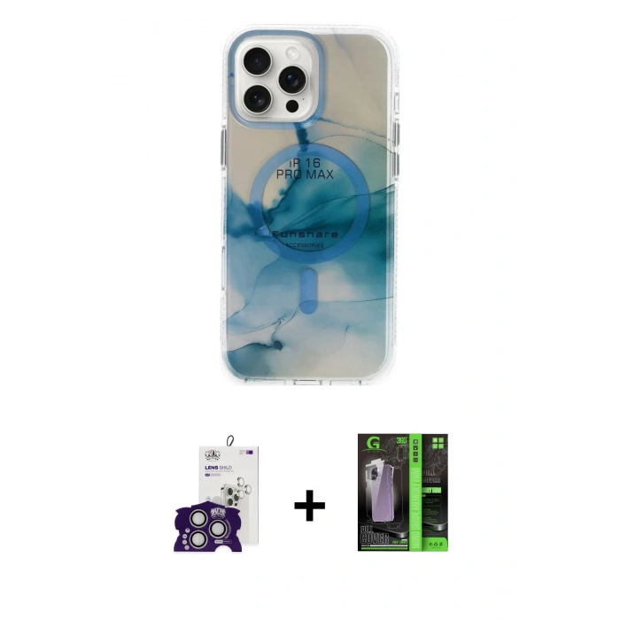 MARSİLYAN™- iPhone 16 Pro Max Kılıf Ufuk Doku Prime - Şeffaf 360 Full Body Arka Koruyucu + Bilvis Titan Kamera Lens - GS