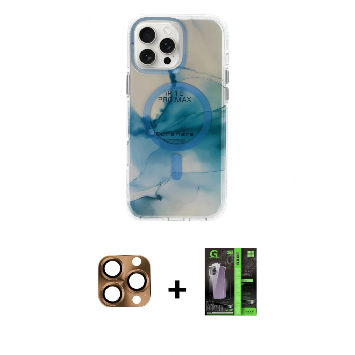 MARSİLYAN™- iPhone 16 Pro Max Kılıf Ufuk Doku Prime - Şeffaf 360 Full Body Arka Koruyucu + Pers Alüminyum Kamera Lens - CLTM