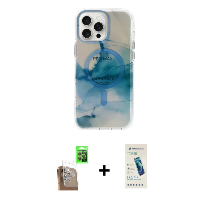 MARSİLYAN™- iPhone 16 Pro Max Kılıf Ufuk Doku Prime - Şeffaf Pasifik Cam Ekran Koruyucu + Raze Metal Kamera Lens - CLTM