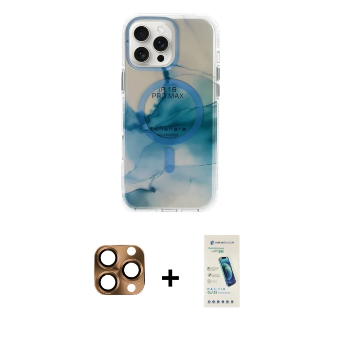 MARSİLYAN™- iPhone 16 Pro Max Kılıf Ufuk Doku Prime - Şeffaf Pasifik Cam Ekran Koruyucu + Pers Alüminyum Kamera Lens - CLTM