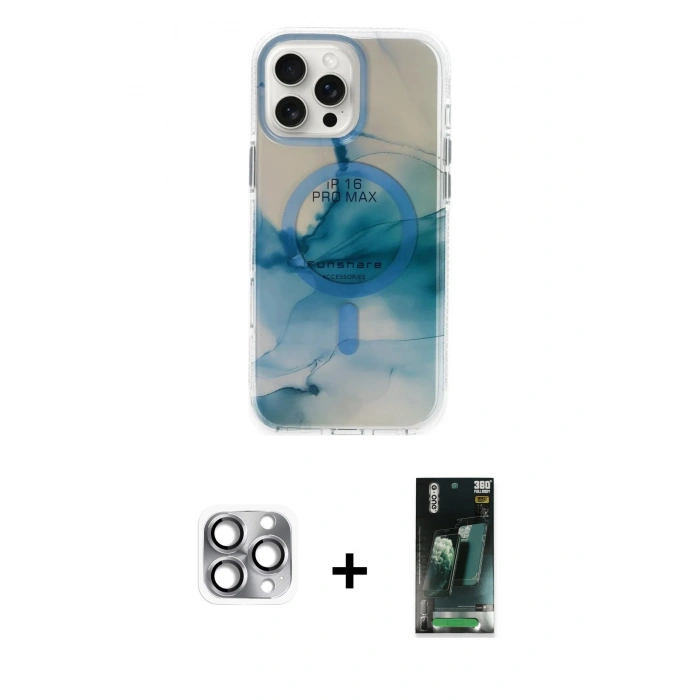 MARSİLYAN™- iPhone 16 Pro Max Kılıf Ufuk Doku Prime - Siyah 360 Mat Full Body Arka Koruyucu + Pers Alüminyum Kamera Lens - GI