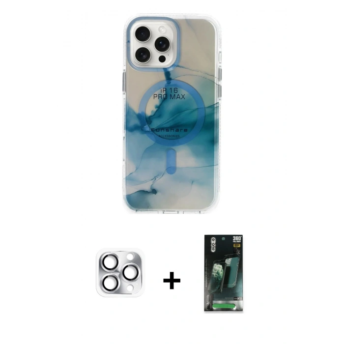 MARSİLYAN™- iPhone 16 Pro Max Kılıf Ufuk Doku Prime - Siyah 360 Mat Full Body Arka Koruyucu + Pers Alüminyum Kamera Lens - GS