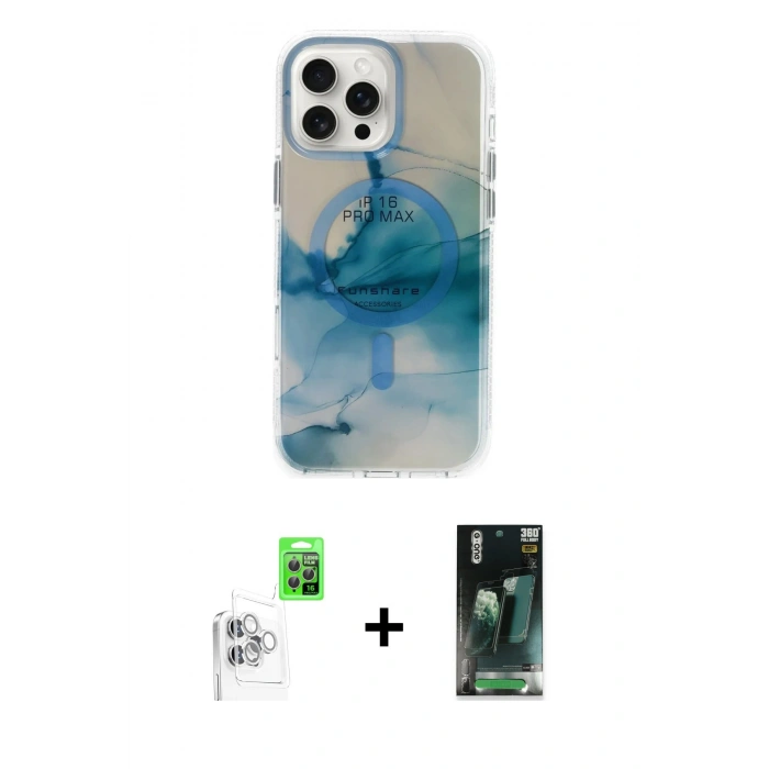 MARSİLYAN™- iPhone 16 Pro Max Kılıf Ufuk Doku Prime - Siyah 360 Mat Full Body Arka Koruyucu + Raze Metal Kamera Lens - BZ