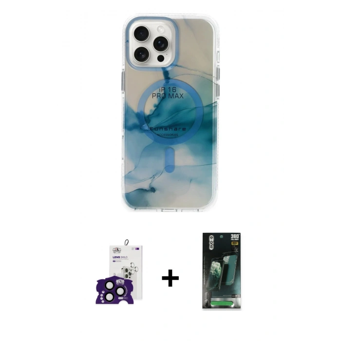 MARSİLYAN™- iPhone 16 Pro Max Kılıf Ufuk Doku Prime - Siyah 360 Mat Full Body Arka Koruyucu + Bilvis Titan Kamera Lens - SH