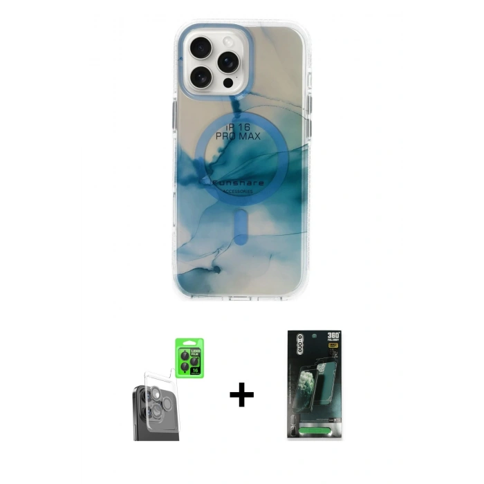 MARSİLYAN™- iPhone 16 Pro Max Kılıf Ufuk Doku Prime - Siyah 360 Mat Full Body Arka Koruyucu + Raze Metal Kamera Lens - SH