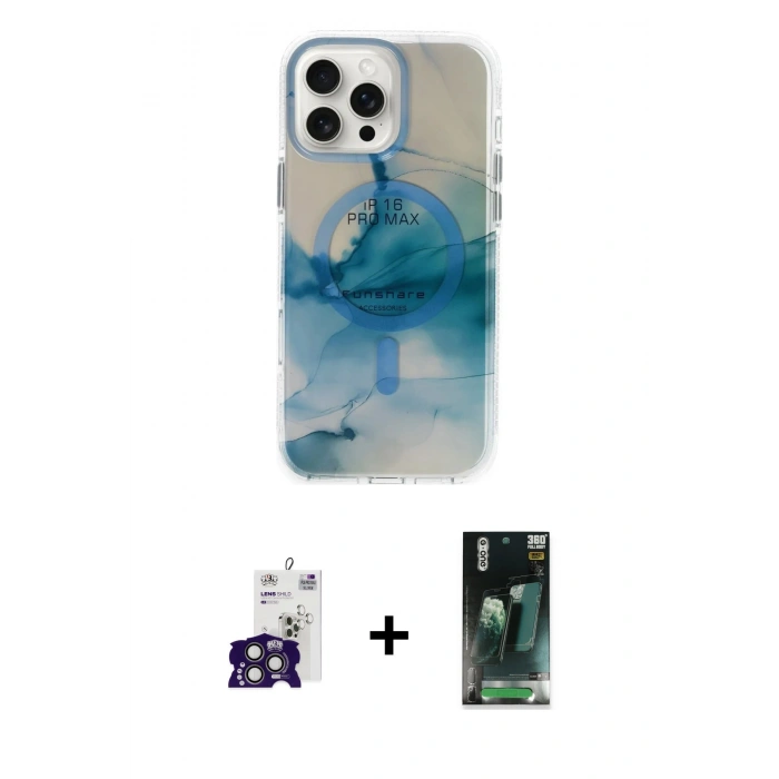MARSİLYAN™- iPhone 16 Pro Max Kılıf Ufuk Doku Prime - Siyah 360 Mat Full Body Arka Koruyucu + Bilvis Titan Kamera Lens - TMGI