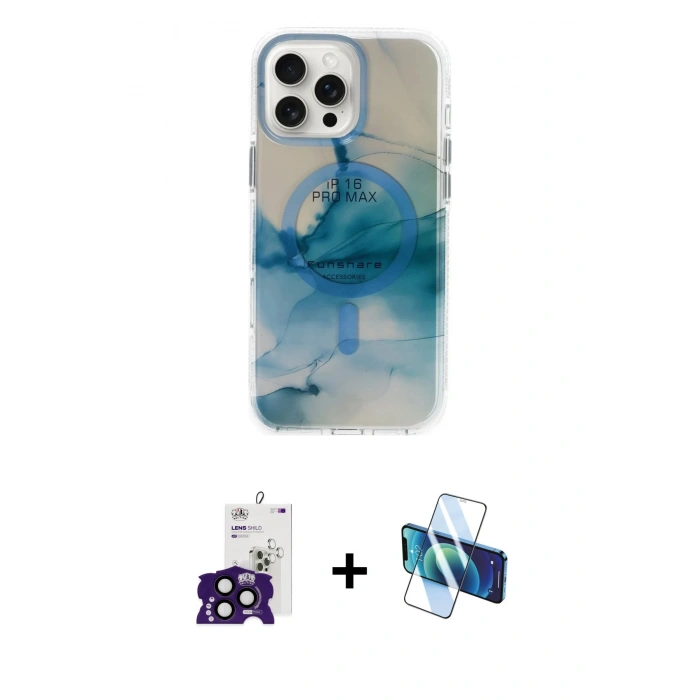 MARSİLYAN™- iPhone 16 Pro Max Kılıf Ufuk Doku Prime - Siyah 3D Antistatik Cam Ekran Koruyucu + Bilvis Titan Kamera Lens - SH