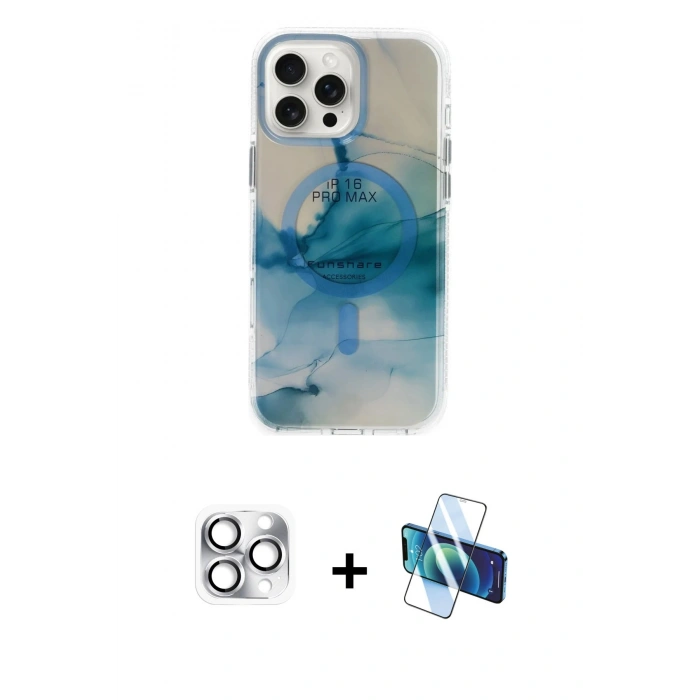 MARSİLYAN™- iPhone 16 Pro Max Kılıf Ufuk Doku Prime - Siyah 3D Antistatik Cam Ekran Koruyucu + Pers Alüminyum Kamera Lens - GS