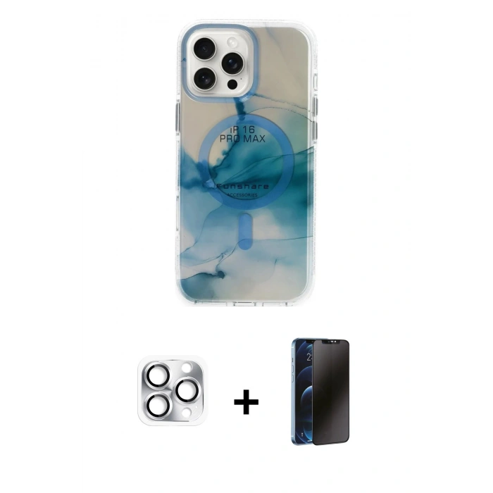 MARSİLYAN™- iPhone 16 Pro Max Kılıf Ufuk Doku Prime - Siyah 3D Antistatik Hayalet Cam Ekran Koruyucu + Pers Alüminyum Kamera Lens - GS