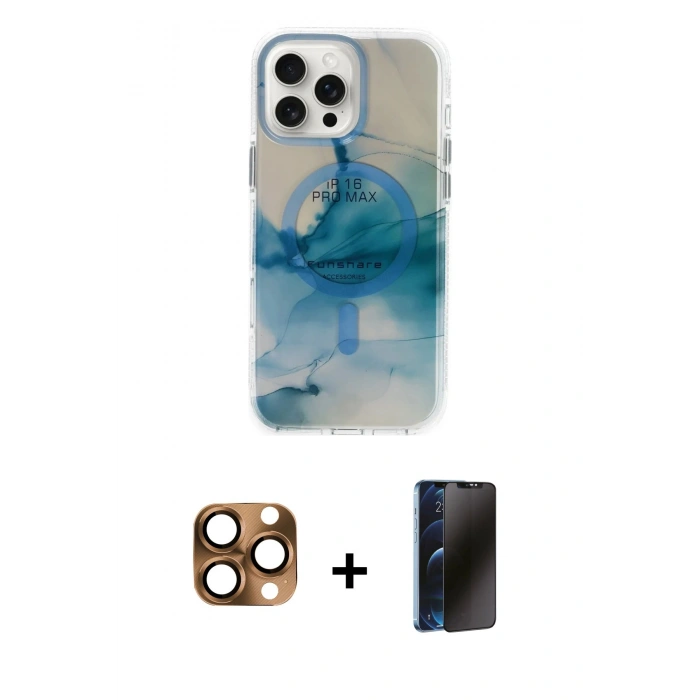 MARSİLYAN™- iPhone 16 Pro Max Kılıf Ufuk Doku Prime - Siyah 3D Antistatik Hayalet Cam Ekran Koruyucu + Pers Alüminyum Kamera Lens - CLTM