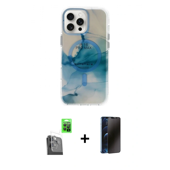 MARSİLYAN™- iPhone 16 Pro Max Kılıf Ufuk Doku Prime - Siyah 3D Antistatik Hayalet Cam Ekran Koruyucu + Raze Metal Kamera Lens - SH
