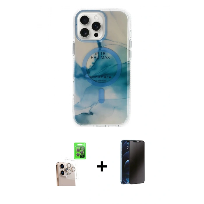 MARSİLYAN™- iPhone 16 Pro Max Kılıf Ufuk Doku Prime - Siyah 3D Antistatik Hayalet Cam Ekran Koruyucu + Raze Metal Kamera Lens - NLGY