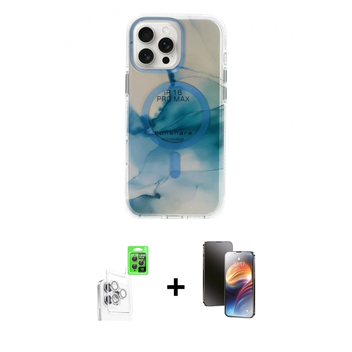 MARSİLYAN™- iPhone 16 Pro Max Kılıf Ufuk Doku Prime - Siyah 3D Antistatik Mat Seramik Nano Ekran Koruyucu + Raze Metal Kamera Lens - BZ