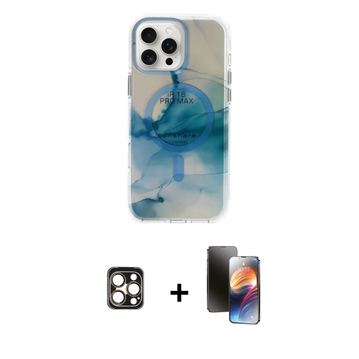 MARSİLYAN™- iPhone 16 Pro Max Kılıf Ufuk Doku Prime - Siyah 3D Antistatik Mat Seramik Nano Ekran Koruyucu + Gold PVD Metal Kamera Lens