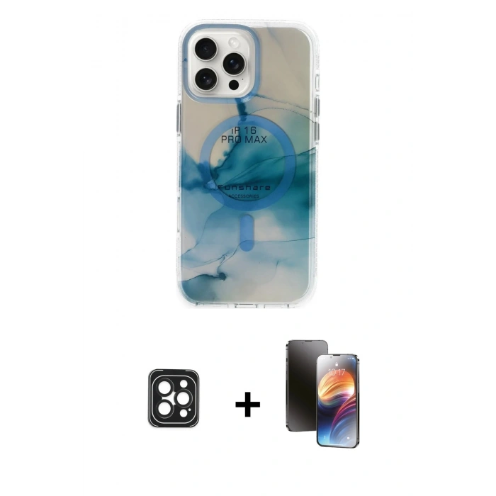 MARSİLYAN™- iPhone 16 Pro Max Kılıf Ufuk Doku Prime - Siyah 3D Antistatik Mat Seramik Nano Ekran Koruyucu + PVD Metal Kamera Lens - SH