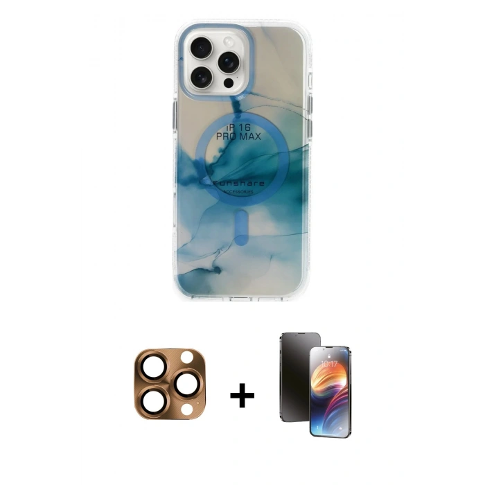 MARSİLYAN™- iPhone 16 Pro Max Kılıf Ufuk Doku Prime - Siyah 3D Antistatik Mat Seramik Nano Ekran Koruyucu + Pers Alüminyum Kamera Lens - CLTM