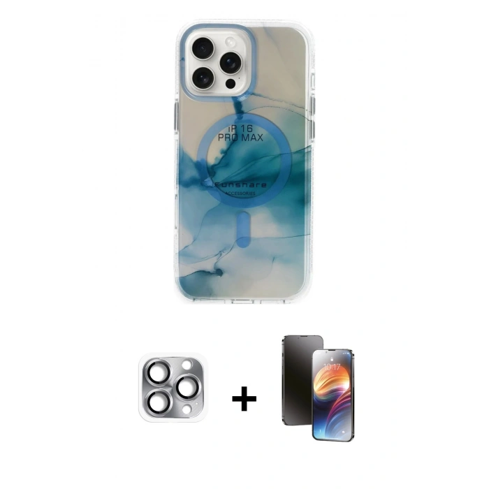 MARSİLYAN™- iPhone 16 Pro Max Kılıf Ufuk Doku Prime - Siyah 3D Antistatik Mat Seramik Nano Ekran Koruyucu + Pers Alüminyum Kamera Lens - GI