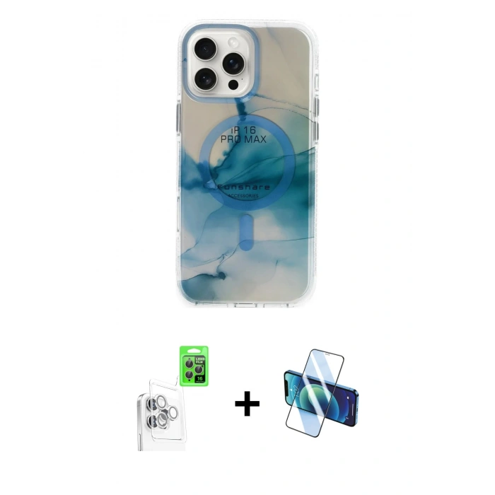 MARSİLYAN™- iPhone 16 Pro Max Kılıf Ufuk Doku Prime - Siyah 3D Antistatik Seramik Nano Ekran Koruyucu + Raze Metal Kamera Lens - BZ