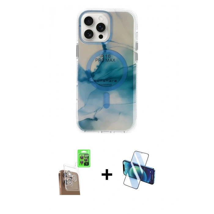 MARSİLYAN™- iPhone 16 Pro Max Kılıf Ufuk Doku Prime - Siyah 3D Antistatik Seramik Nano Ekran Koruyucu + Çöl Titanyum Raze Metal Kamera Lens
