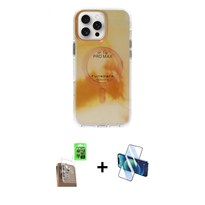 MARSİLYAN™- iPhone 16 Pro Max Kılıf Ufuk Doku Prime - Siyah 3D Antistatik Seramik Nano Ekran Koruyucu + Çöl Titanyum Raze Metal Kamera Lens