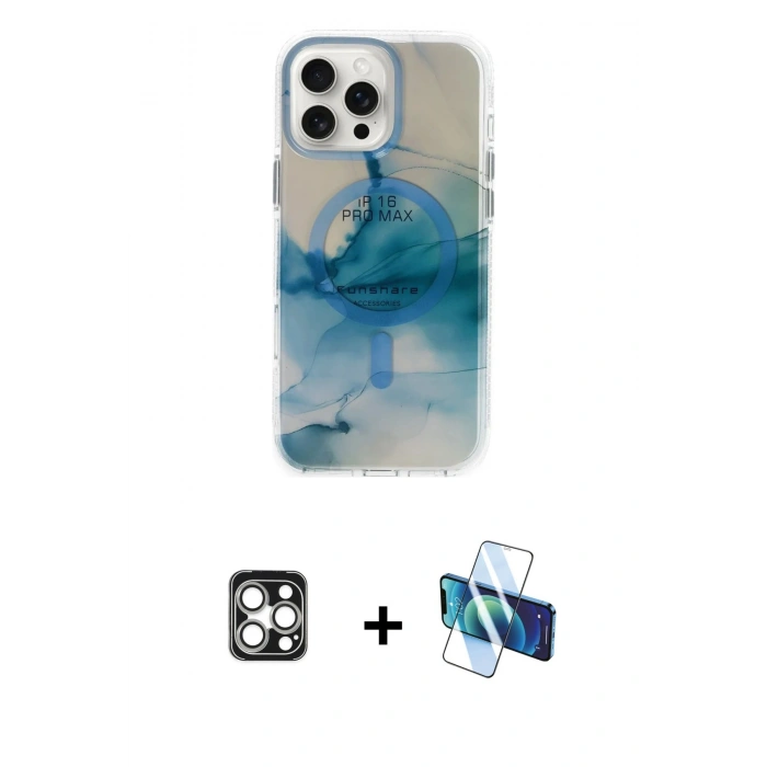 MARSİLYAN™- iPhone 16 Pro Max Kılıf Ufuk Doku Prime - Siyah 3D Antistatik Seramik Nano Ekran Koruyucu + PVD Metal Kamera Lens - GS