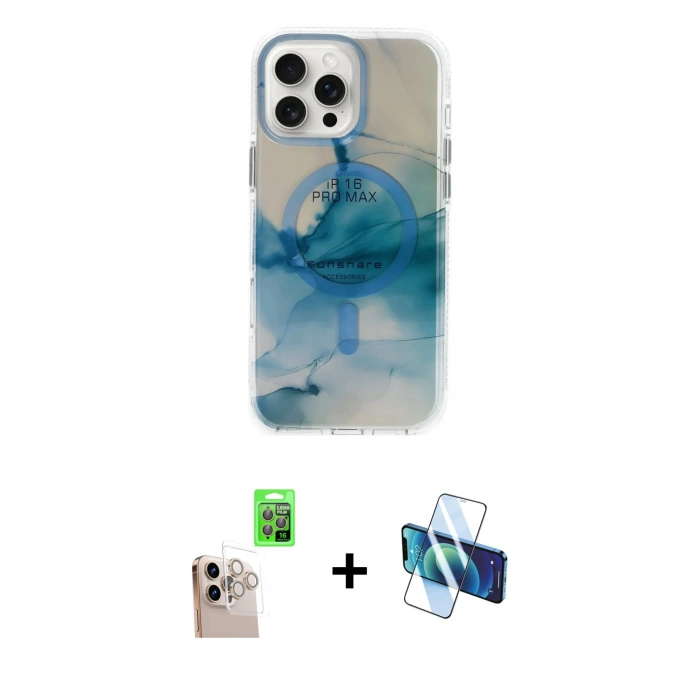 MARSİLYAN™- iPhone 16 Pro Max Kılıf Ufuk Doku Prime - Siyah 3D Antistatik Seramik Nano Ekran Koruyucu + Raze Metal Kamera Lens - NLGY