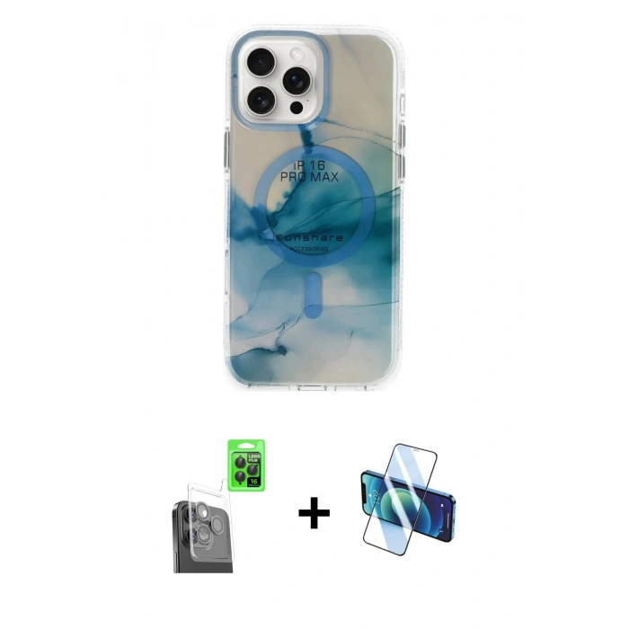 MARSİLYAN™- iPhone 16 Pro Max Kılıf Ufuk Doku Prime - Siyah 3D Antistatik Seramik Nano Ekran Koruyucu + Raze Metal Kamera Lens - SH
