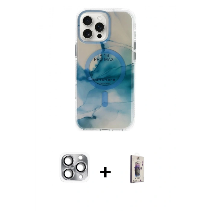 MARSİLYAN™- iPhone 16 Pro Max Kılıf Ufuk Doku Prime - Siyah Bilvis 3D Cam Ekran Koruyucu + Pers Alüminyum Kamera Lens - GI