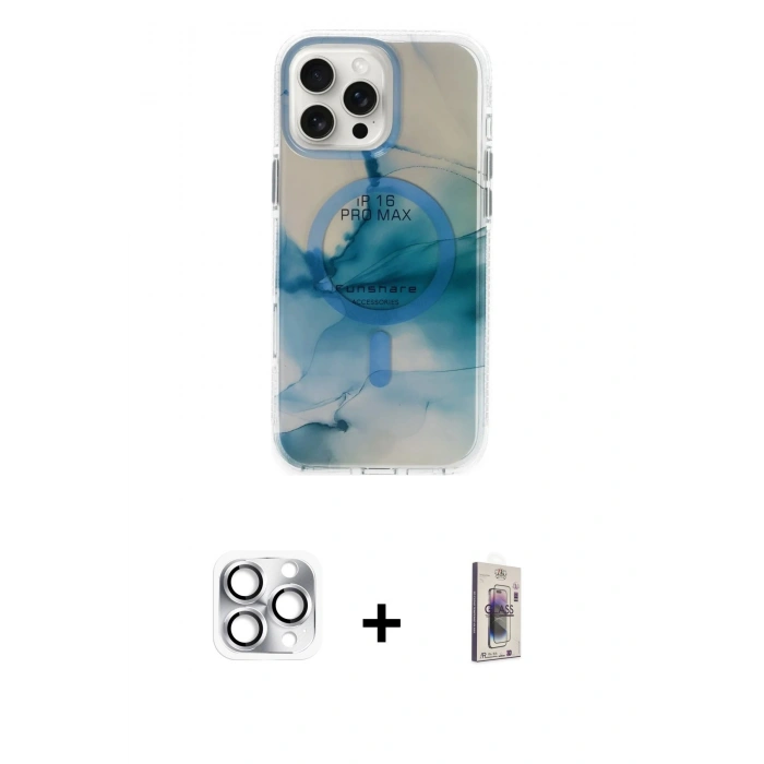 MARSİLYAN™- iPhone 16 Pro Max Kılıf Ufuk Doku Prime - Siyah Bilvis 3D Cam Ekran Koruyucu + Pers Alüminyum Kamera Lens - GS