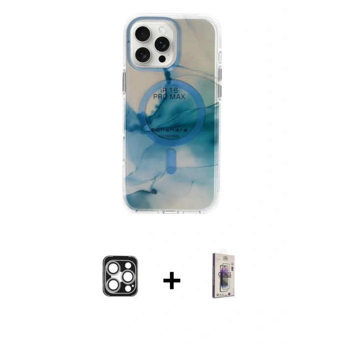 MARSİLYAN™- iPhone 16 Pro Max Kılıf Ufuk Doku Prime - Siyah Bilvis 3D Cam Ekran Koruyucu + PVD Metal Kamera Lens - GS