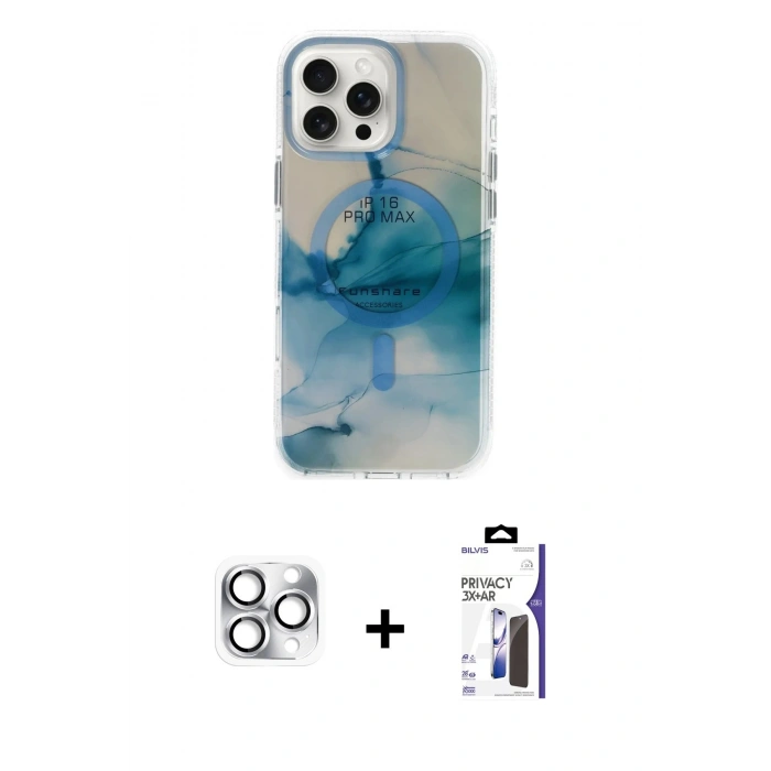MARSİLYAN™- iPhone 16 Pro Max Kılıf Ufuk Doku Prime - Siyah Bilvis 3X AR Hayalet Cam Ekran Koruyucu + Pers Alüminyum Kamera Lens - GS