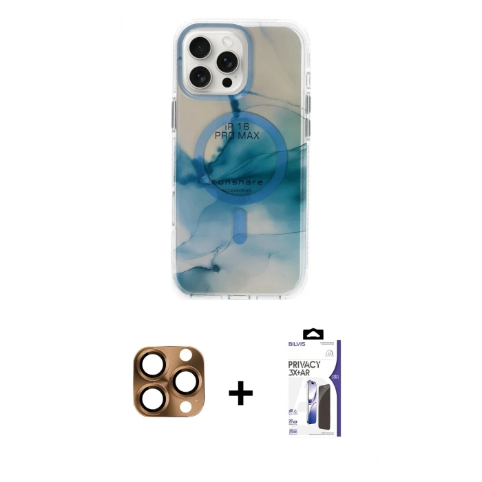 MARSİLYAN™- iPhone 16 Pro Max Kılıf Ufuk Doku Prime - Siyah Bilvis 3X AR Hayalet Cam Ekran Koruyucu + Pers Alüminyum Kamera Lens - CLTM