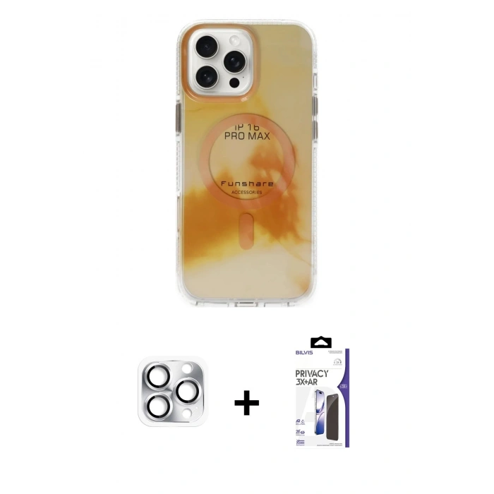 MARSİLYAN™- iPhone 16 Pro Max Kılıf Ufuk Doku Prime - Siyah Bilvis 3X AR Hayalet Cam Ekran Koruyucu + Pers Alüminyum Kamera Lens - GS