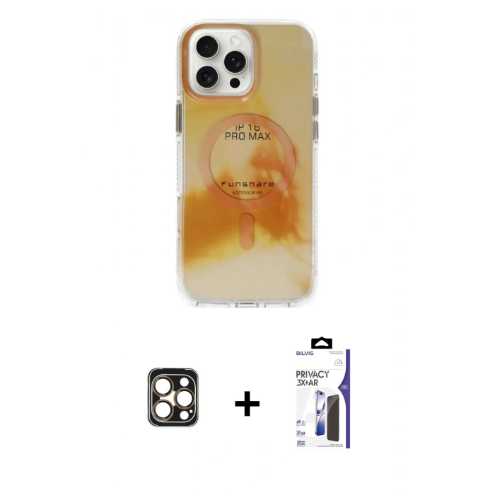 MARSİLYAN™- iPhone 16 Pro Max Kılıf Ufuk Doku Prime - Siyah Bilvis 3X AR Hayalet Cam Ekran Koruyucu + PVD Metal Kamera Lens - GD