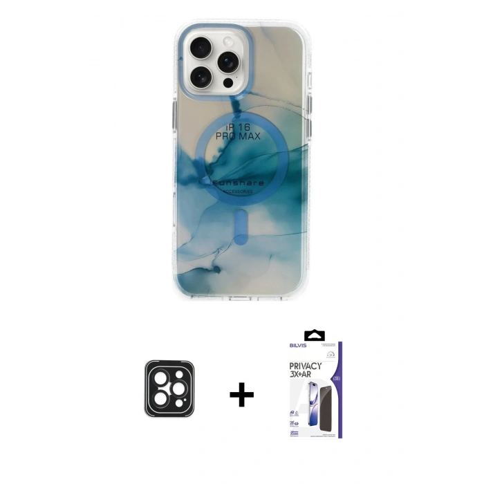 MARSİLYAN™- iPhone 16 Pro Max Kılıf Ufuk Doku Prime - Siyah Bilvis 3X AR Hayalet Cam Ekran Koruyucu + PVD Metal Kamera Lens - SH