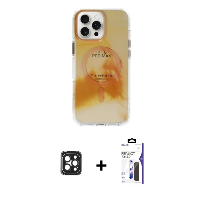MARSİLYAN™- iPhone 16 Pro Max Kılıf Ufuk Doku Prime - Siyah Bilvis 3X AR Hayalet Cam Ekran Koruyucu + PVD Metal Kamera Lens - SH