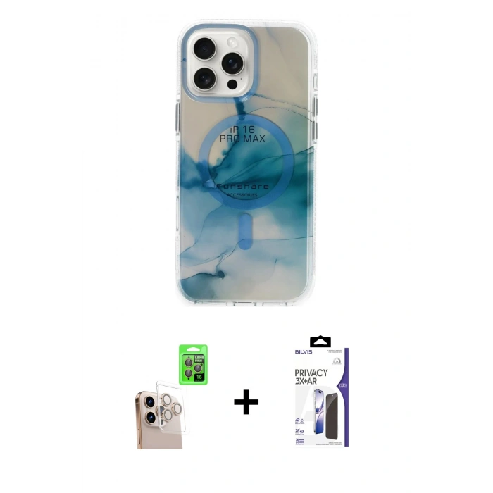 MARSİLYAN™- iPhone 16 Pro Max Kılıf Ufuk Doku Prime - Siyah Bilvis 3X AR Hayalet Cam Ekran Koruyucu + Raze Metal Kamera Lens - NLGY