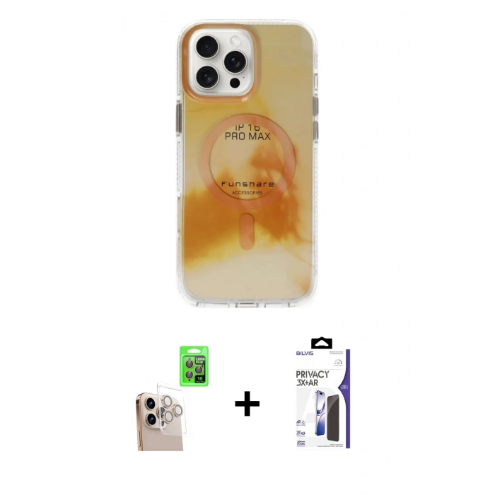 MARSİLYAN™- iPhone 16 Pro Max Kılıf Ufuk Doku Prime - Siyah Bilvis 3X AR Hayalet Cam Ekran Koruyucu + Raze Metal Kamera Lens - NLGY