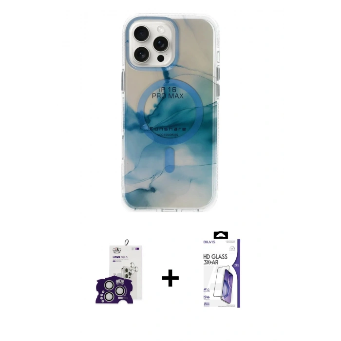 MARSİLYAN™- iPhone 16 Pro Max Kılıf Ufuk Doku Prime - Siyah Bilvis 3X AR HD Cam Ekran Koruyucu + Bilvis Titan Kamera Lens - GS
